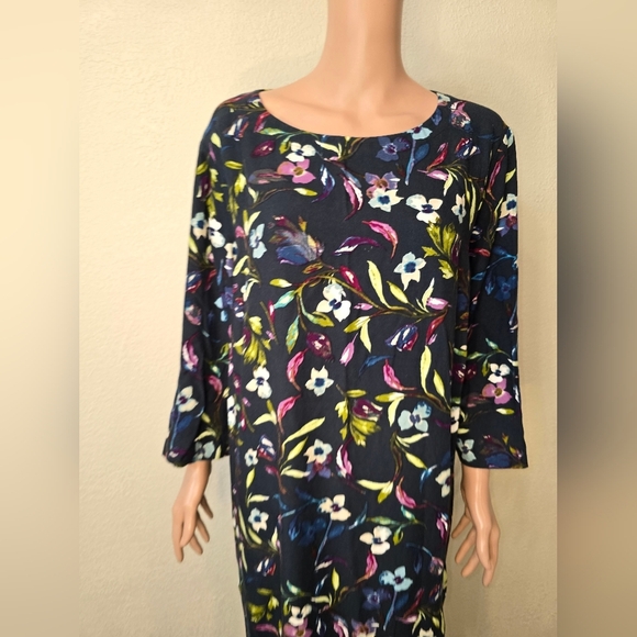 J. Jill Size 2x Watercolor Floral Midi Dress Blue Purple 3/4 Sleeves Pockets - Picture 6 of 9